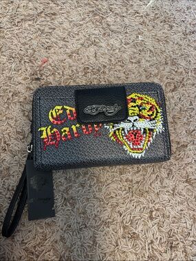 Ed Hardy Double Zip Wallet with Rhinestone Tiger Design